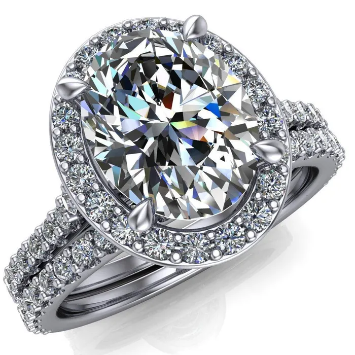 Valma Oval Lab Grown Diamond Center Stone Floating Diamond Halo and Sides Ring Fire Brilliance Rings