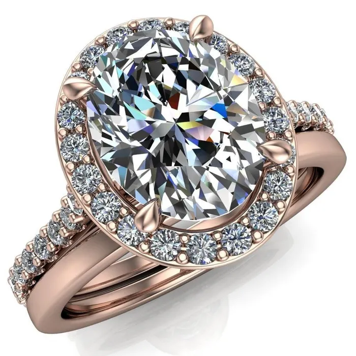 Valma Oval Lab Grown Diamond Center Stone Floating Diamond Halo and Sides Ring Fire Brilliance Rings