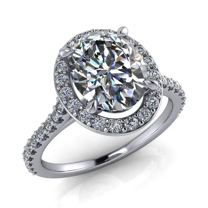 Valma Oval Lab Grown Diamond Center Stone Floating Diamond Halo and Sides Ring Fire Brilliance Rings