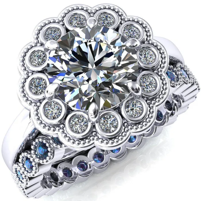 Zinnia Round Center Stone 6 Prongs Milgrain Halo Accent Diamonds Ring Fire Brilliance Rings Zinnia Round Center Stone 6 Prongs Milgrain Halo Accent Diamonds Ring Fire Brilliance Rings