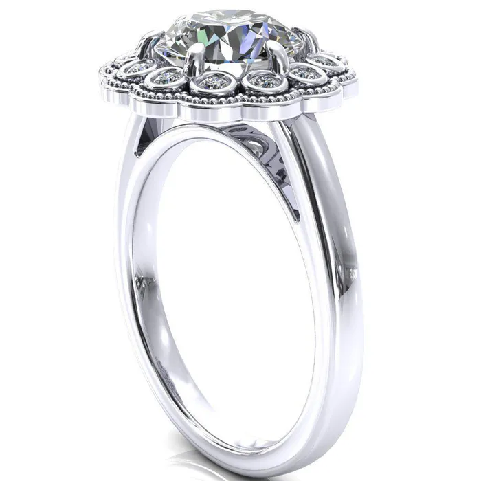 Zinnia Round Center Stone 6 Prongs Milgrain Halo Accent Diamonds Ring Fire Brilliance Rings