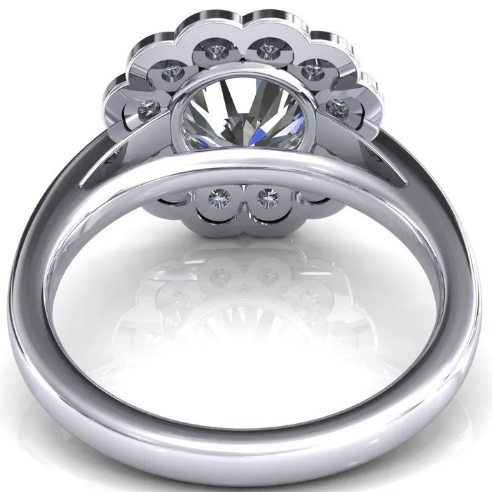 Zinnia Round Center Stone 6 Prongs Milgrain Halo Accent Diamonds Ring Fire Brilliance Rings