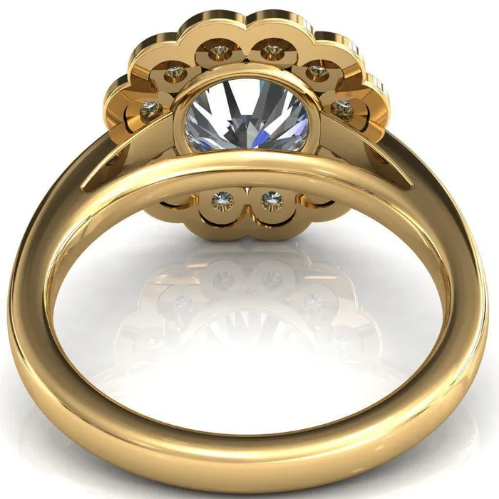 Zinnia Round Center Stone 6 Prongs Milgrain Halo Accent Diamonds Ring Fire Brilliance Rings
