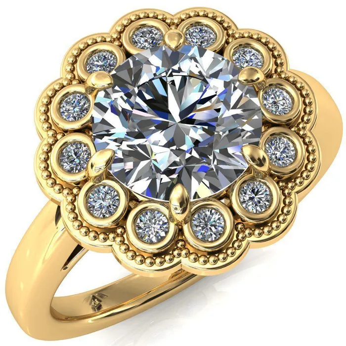 Zinnia Round Center Stone 6 Prongs Milgrain Halo Accent Diamonds Ring Fire Brilliance Rings