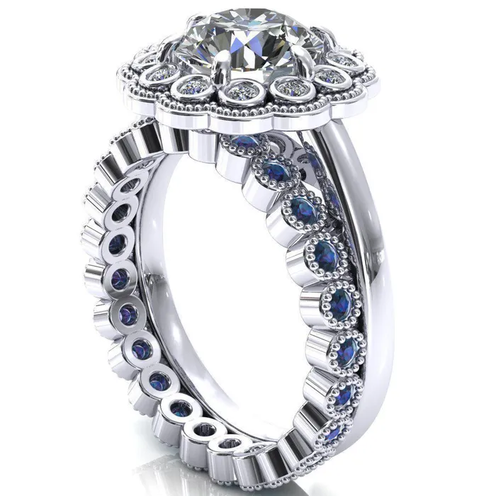 Zinnia Round Center Stone 6 Prongs Milgrain Halo Accent Diamonds Ring Fire Brilliance Rings