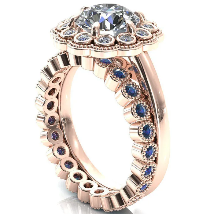 Zinnia Round Center Stone 6 Prongs Milgrain Halo Accent Diamonds Ring Fire Brilliance Rings