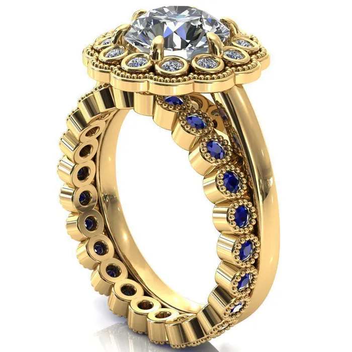Zinnia Round Center Stone 6 Prongs Milgrain Halo Accent Diamonds Ring Fire Brilliance Rings