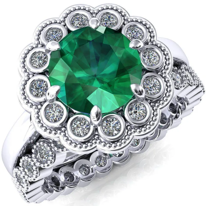 Zinnia Round Emerald 6 Prongs Milgrain Halo Accent Diamonds Ring Fire Brilliance Rings Zinnia Round Emerald 6 Prongs Milgrain Halo Accent Diamonds Ring Fire Brilliance Rings