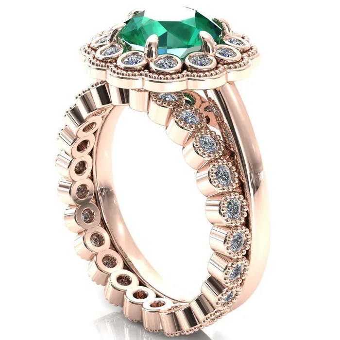 Zinnia Round Emerald 6 Prongs Milgrain Halo Accent Diamonds Ring Fire Brilliance Rings
