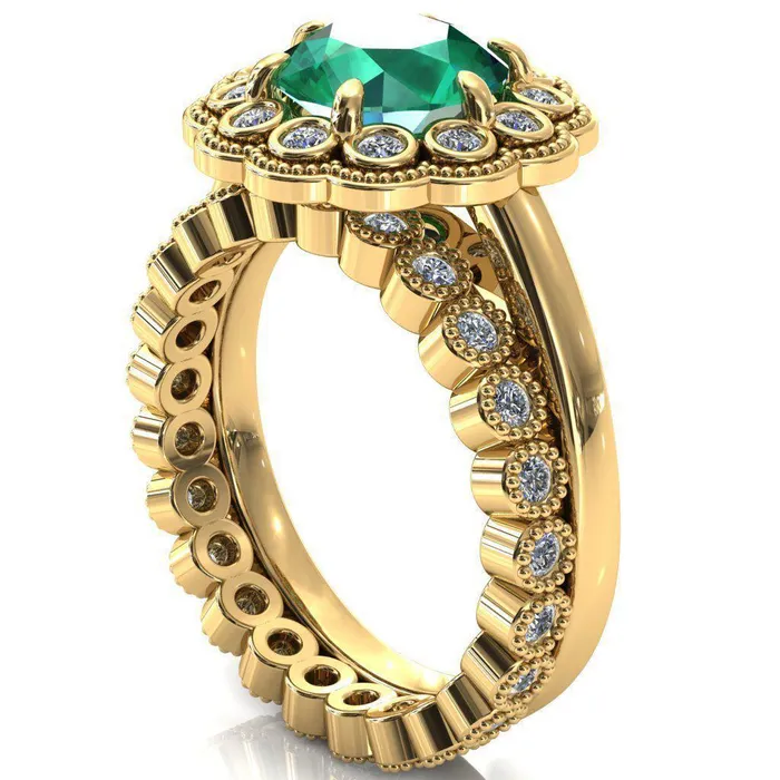 Zinnia Round Emerald 6 Prongs Milgrain Halo Accent Diamonds Ring Fire Brilliance Rings