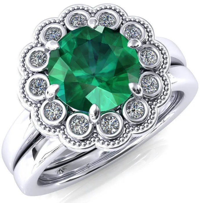Zinnia Round Emerald 6 Prongs Milgrain Halo Accent Diamonds Ring Fire Brilliance Rings