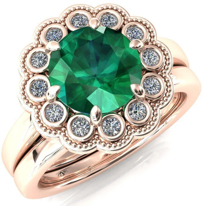 Zinnia Round Emerald 6 Prongs Milgrain Halo Accent Diamonds Ring Fire Brilliance Rings