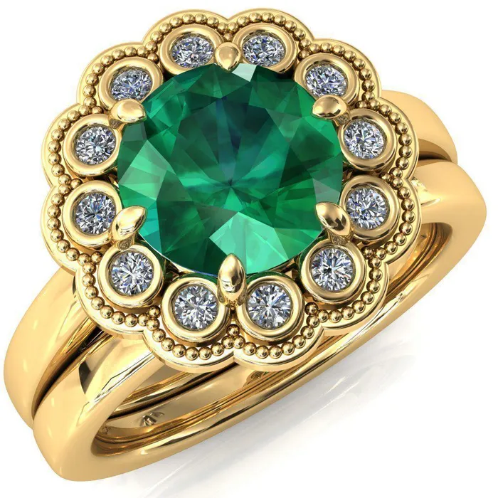 Zinnia Round Emerald 6 Prongs Milgrain Halo Accent Diamonds Ring Fire Brilliance Rings