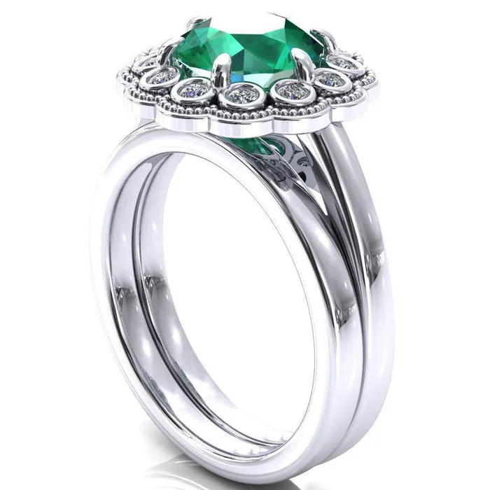 Zinnia Round Emerald 6 Prongs Milgrain Halo Accent Diamonds Ring Fire Brilliance Rings