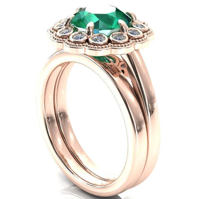 Zinnia Round Emerald 6 Prongs Milgrain Halo Accent Diamonds Ring Fire Brilliance Rings