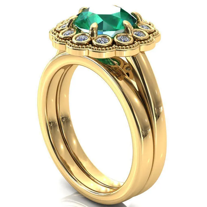 Zinnia Round Emerald 6 Prongs Milgrain Halo Accent Diamonds Ring Fire Brilliance Rings