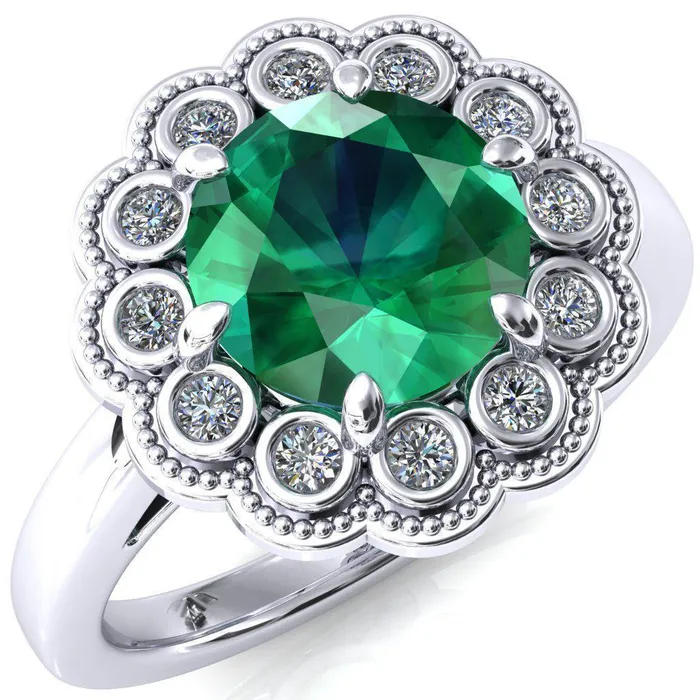 Zinnia Round Emerald 6 Prongs Milgrain Halo Accent Diamonds Ring Fire Brilliance Rings