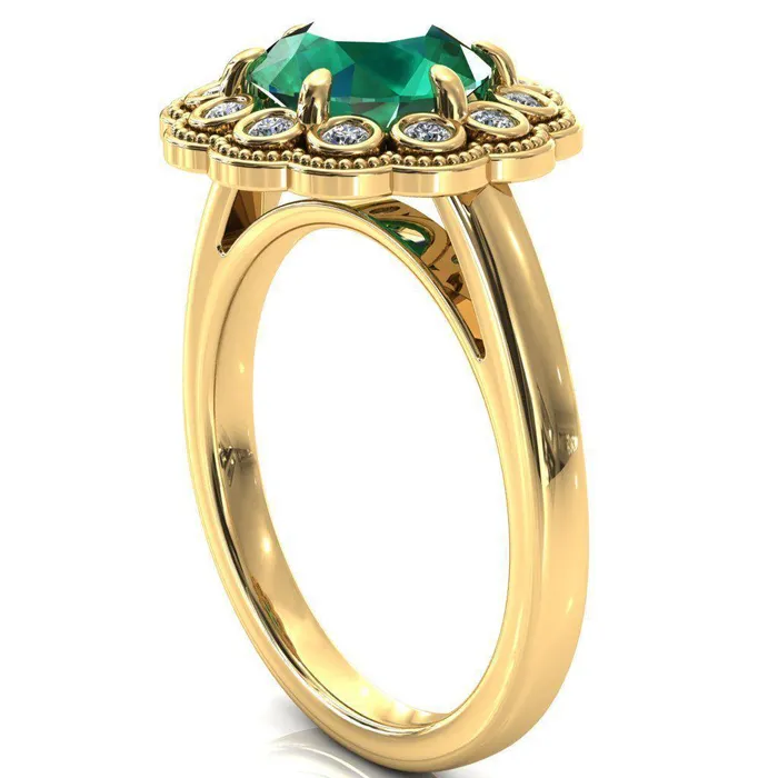 Zinnia Round Emerald 6 Prongs Milgrain Halo Accent Diamonds Ring Fire Brilliance Rings