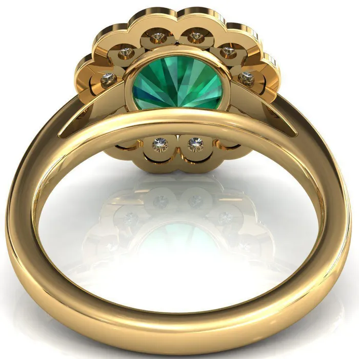 Zinnia Round Emerald 6 Prongs Milgrain Halo Accent Diamonds Ring Fire Brilliance Rings