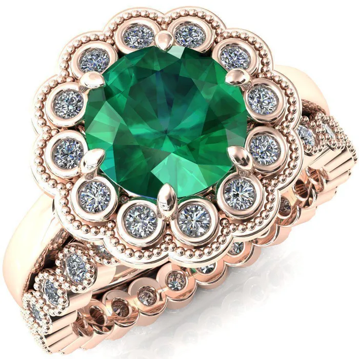 Zinnia Round Emerald 6 Prongs Milgrain Halo Accent Diamonds Ring Fire Brilliance Rings