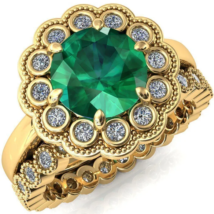 Zinnia Round Emerald 6 Prongs Milgrain Halo Accent Diamonds Ring Fire Brilliance Rings