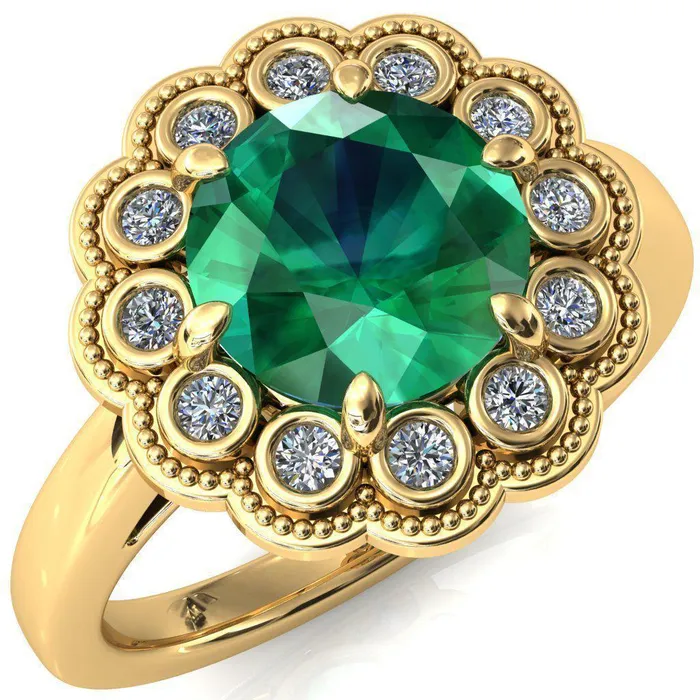 Zinnia Round Emerald 6 Prongs Milgrain Halo Accent Diamonds Ring Fire Brilliance Rings