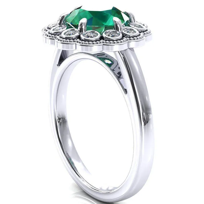 Zinnia Round Emerald 6 Prongs Milgrain Halo Accent Diamonds Ring Fire Brilliance Rings