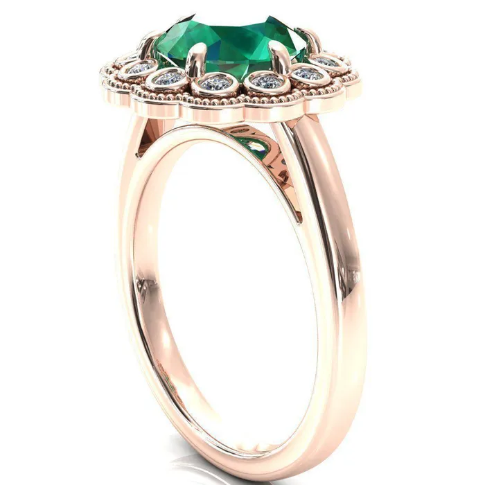 Zinnia Round Emerald 6 Prongs Milgrain Halo Accent Diamonds Ring Fire Brilliance Rings