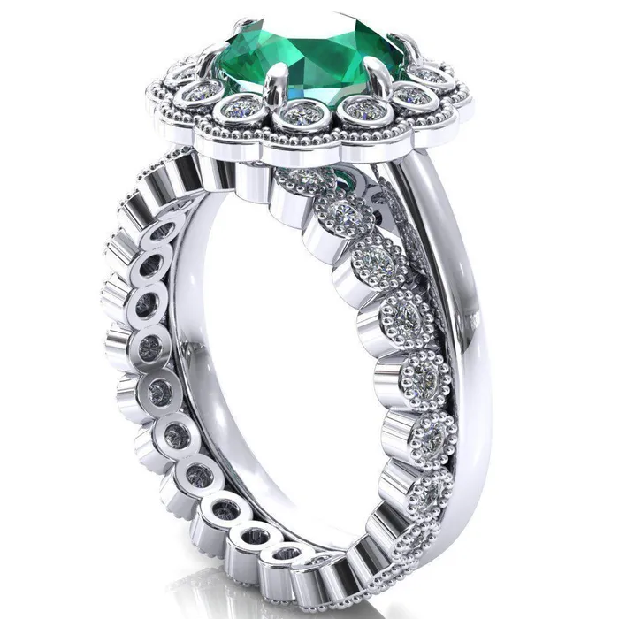 Zinnia Round Emerald 6 Prongs Milgrain Halo Accent Diamonds Ring Fire Brilliance Rings